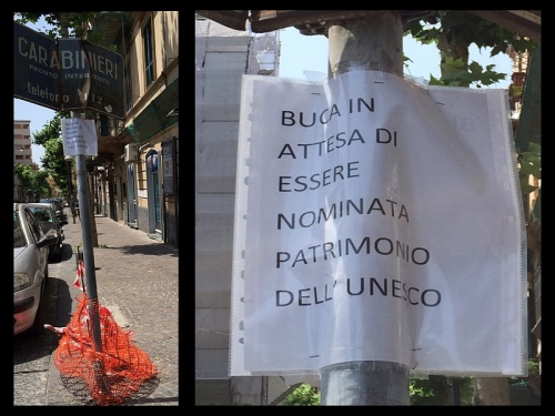Vomero, buca e cartello in via Cimarosa