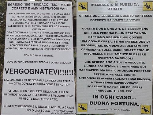 Via Luca Giordano manifesti di protesta