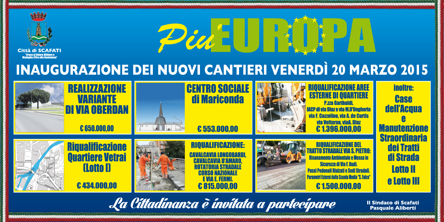 Scafati, opere pubbliche del “PIU Europa”: inaugurazione nuovi cantieri in città