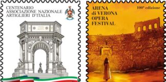 francobolli: Arena di Verona Opera Festival e Associazione Nazionale Artiglieri