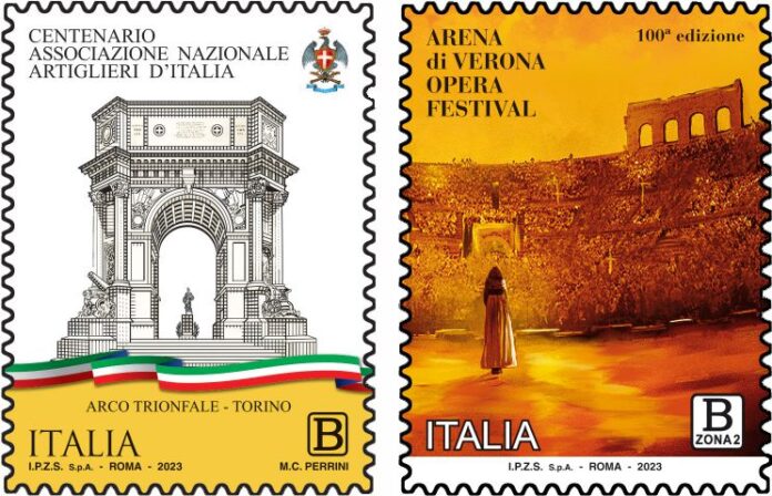 francobolli: Arena di Verona Opera Festival e Associazione Nazionale Artiglieri
