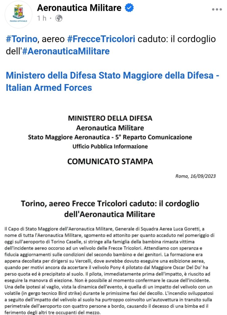 Lo schianto di un aereo delle Frecce Tricolori, morta bambina di 5 anni! Il Post di cordoglio Aeronautica Militare