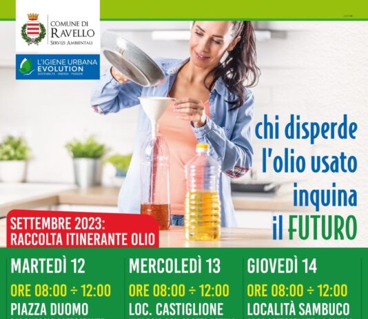 Ravello, al via la raccolta itinerante dell'olio usato. Dal 12 al 14 settembre, in vari punti della città