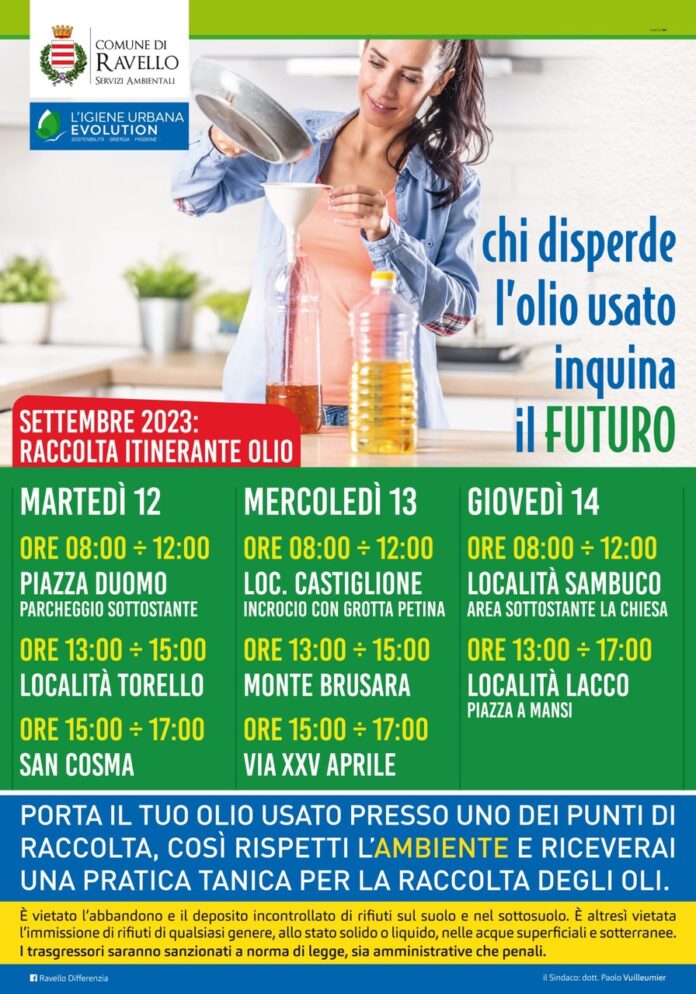 Ravello, al via la raccolta itinerante dell'olio usato. Dal 12 al 14 settembre, in vari punti della città