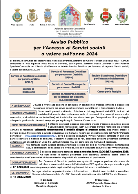Sorrento, avviso pubblico per l'accesso ai servizi sociali anno 2024