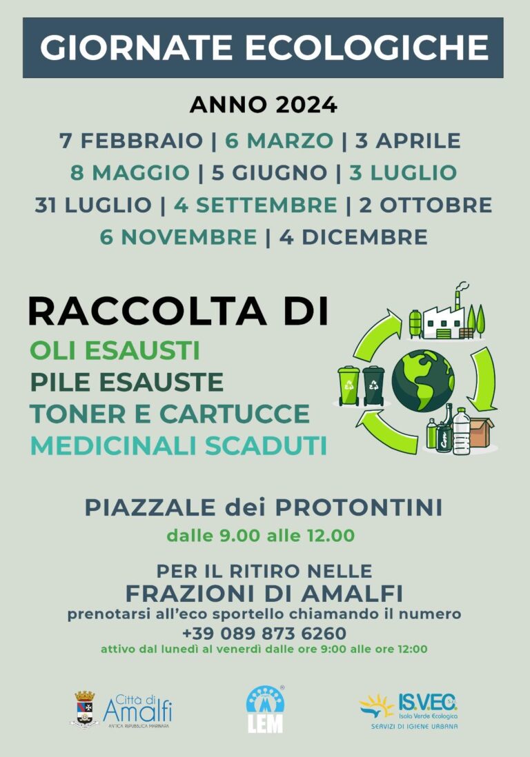 Amalfi nuovo calendario per la raccolta di oli e pile esauste, toner, cartucce e medicinali scaduti