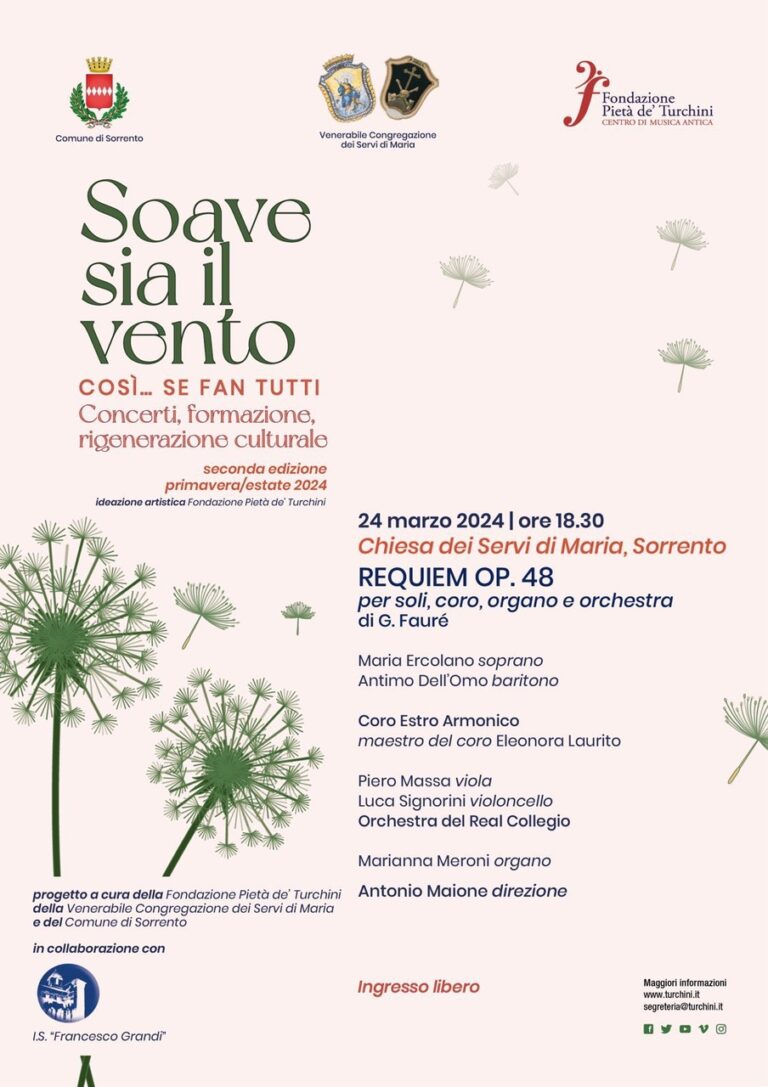 Sorrento, “Soave sia il vento Così… se fan tutti”: concerto per la Domenica delle Palme Sorrento, “Soave sia il vento Così… se fan tutti”: concerto per la Domenica delle Palme