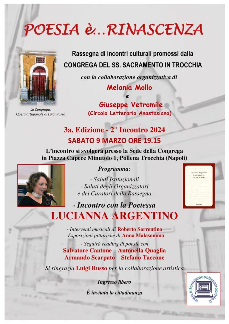 Pollena Trocchia: “Poesia è… rinascenza”, la poetessa Lucianna Argentino ospite del secondo appuntamento del 2024