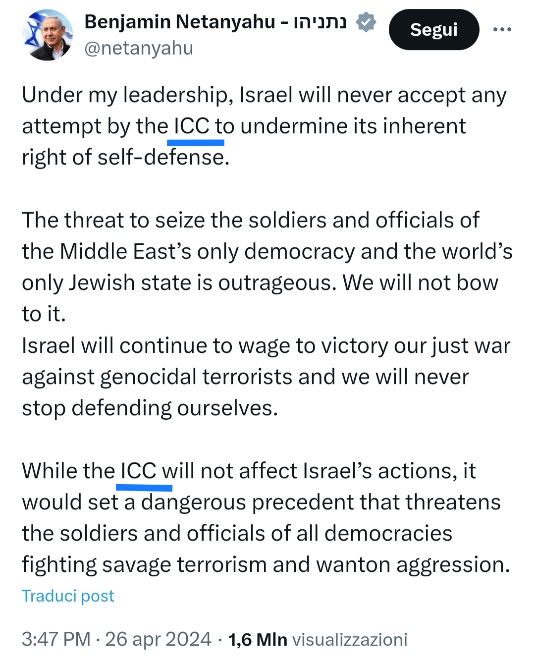 Post X Twitter Bibi Netanyahu Corte Penale Internazionale ICC
