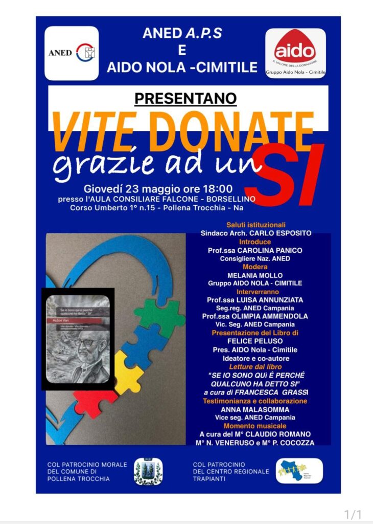 Pollena Trocchia, il 23 maggio in aula consiliare l'evento "vite donate grazie ad un sì"