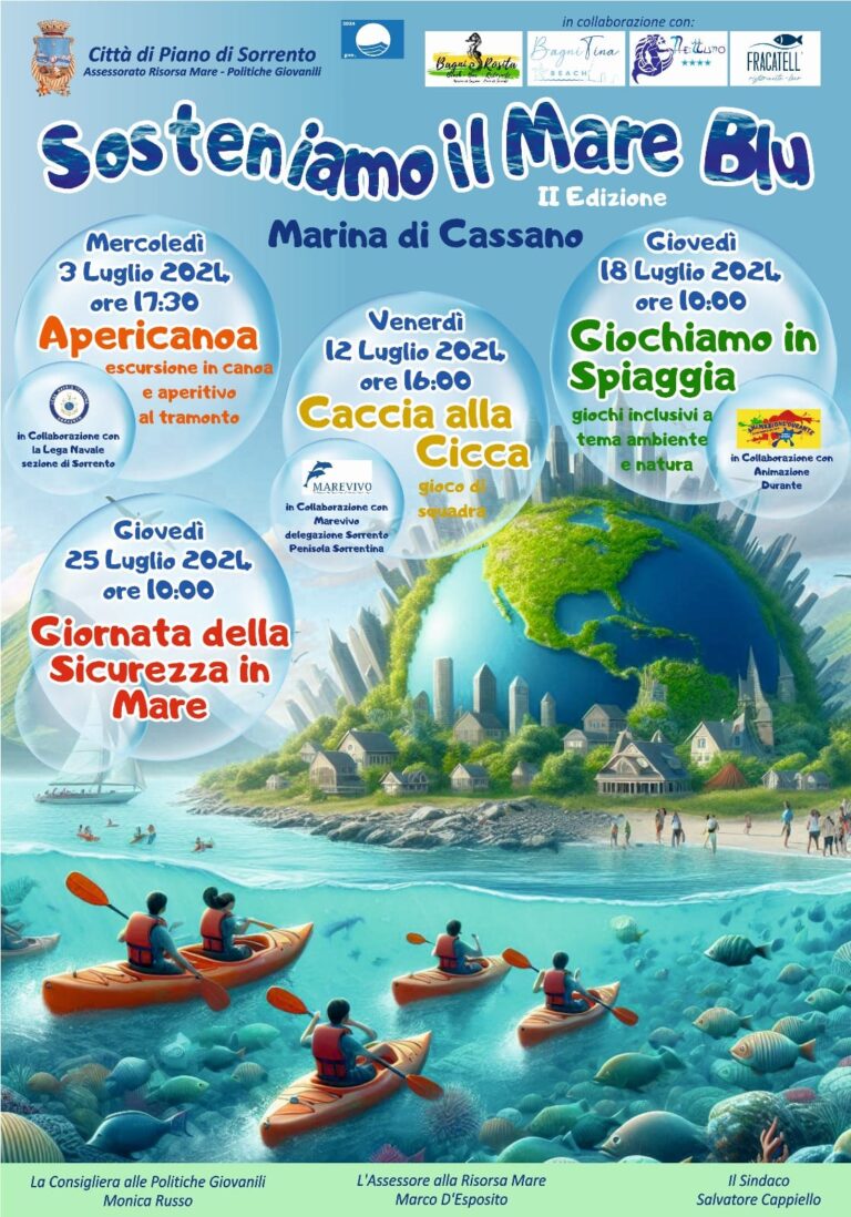 Piano di Sorrento: “Sosteniamo il Mare Blu”, parte la nuova edizione tra Apericanoa, giochi, sicurezza e inclusione in riva al mare