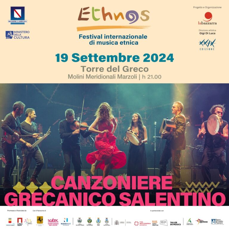 Ethnos, giovedì 19 settembre negli ex molini Marzoli di Torre del Greco il Canzoniere Grecanico Salentino