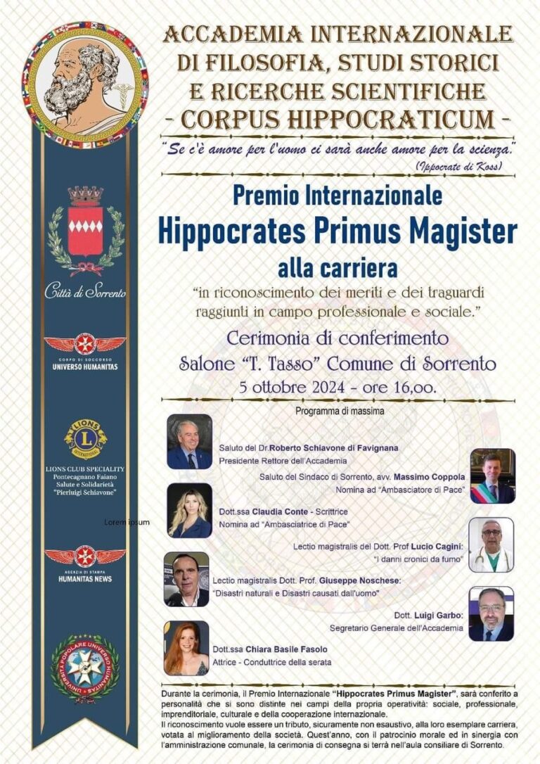 Sorrento, premio Internazionale “Hippocrates Primus Magister”