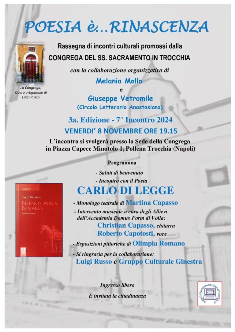Pollena Trocchia, “Poesia è… Rinascenza”: venerdì 8 novembre Carlo di Legge ospite alla congrega