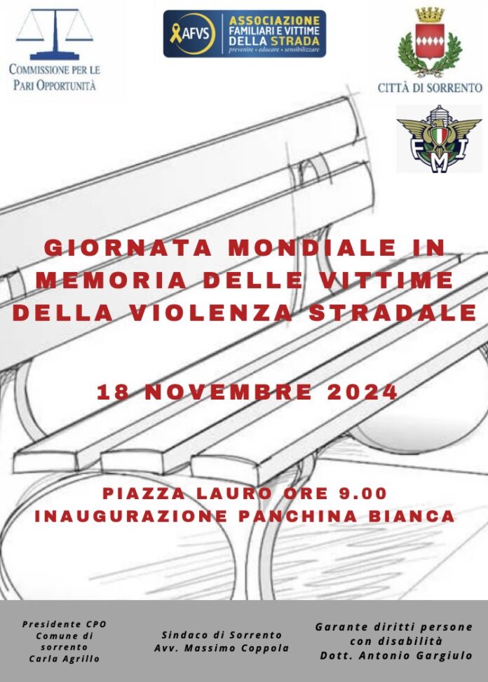 Giornata nazionale vittime della strada, a Sorrento si inaugura una panchina bianca