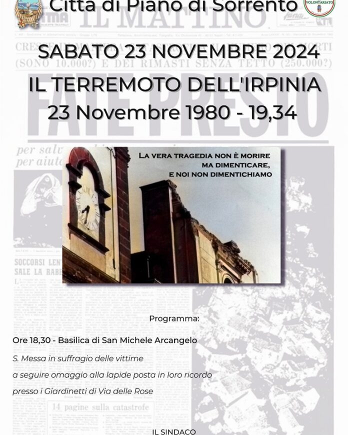 Piano di Sorrento ricorda le vittime del terremoto del 23 novembre 1980