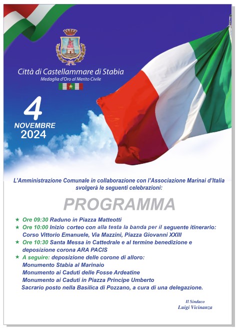 Castellammare di Stabia celebra il 4 novembre la Giornata dell’Unità Nazionale e delle Forze Armate