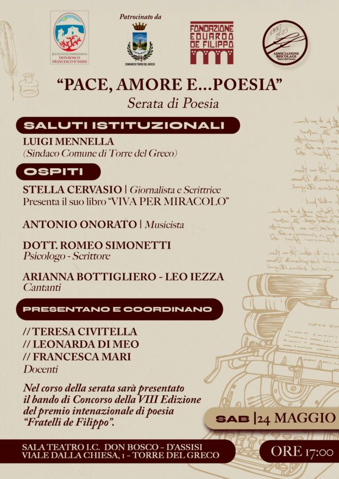 Torre del Greco, poesia in scena all’I.C. Don Bosco-D’Assisi: sabato 24 maggio l’evento “Pace, amore e… poesia”