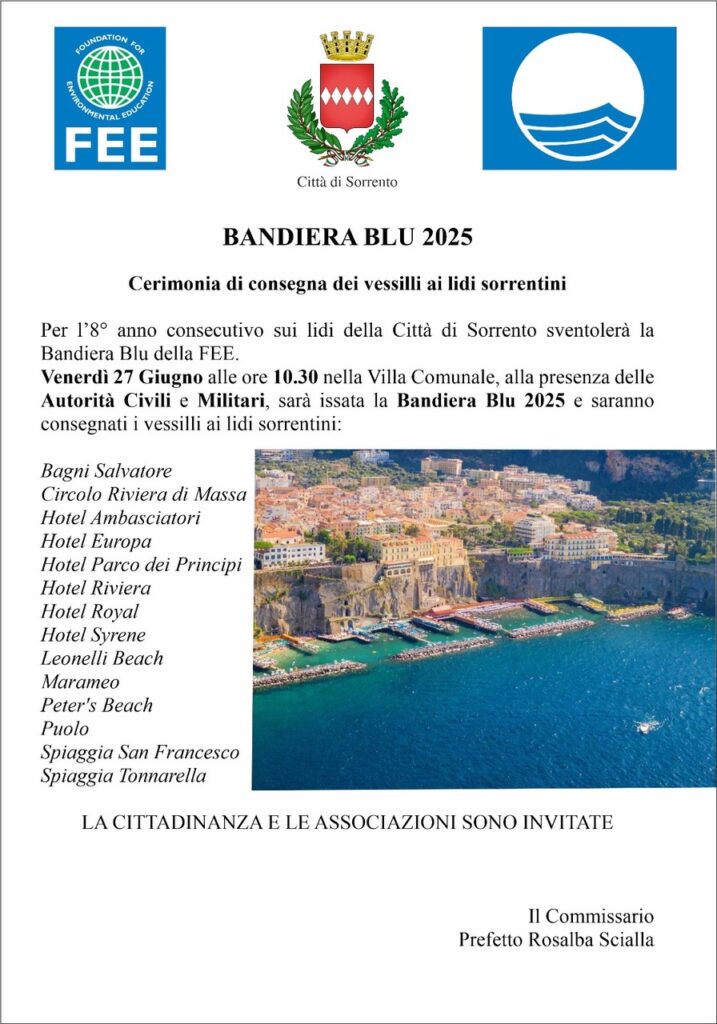 Sorrento: cerimonia di consegna della Bandiera Blu 2025, venerdì 27 giugno alla villa comunale