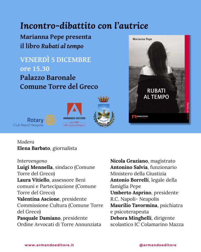 Torre del Greco, presentazione del libro “Rubati al tempo” di Marianna Pepe al Palazzo Baronale