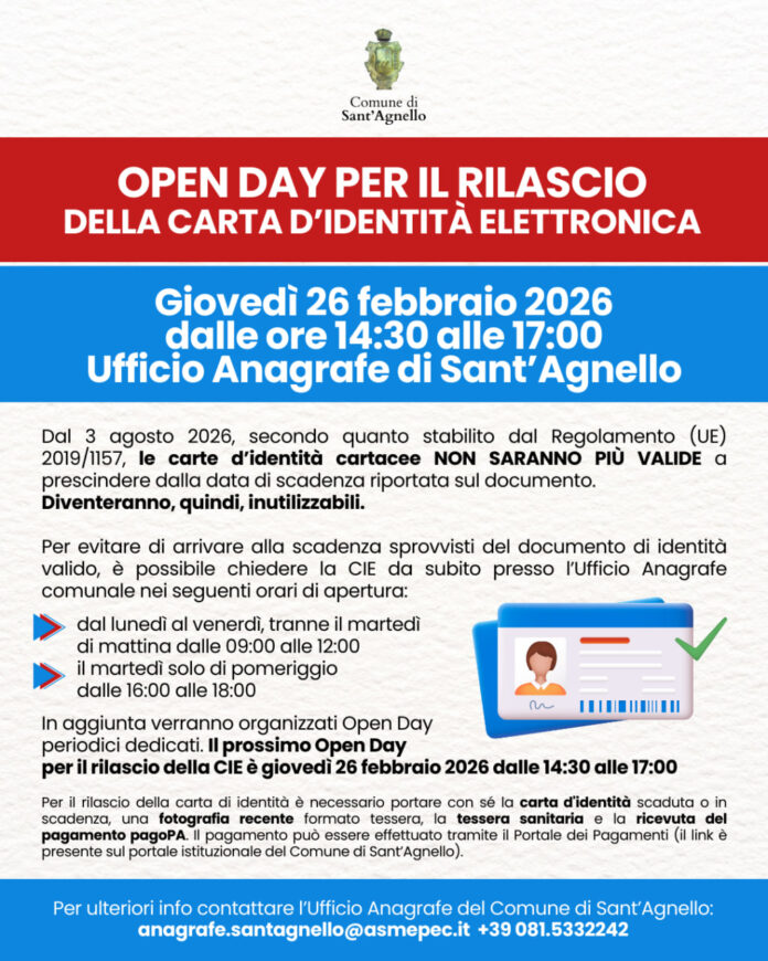 A Sant’Agnello Open Day per il rilascio della Carta d’Identità Elettronica
