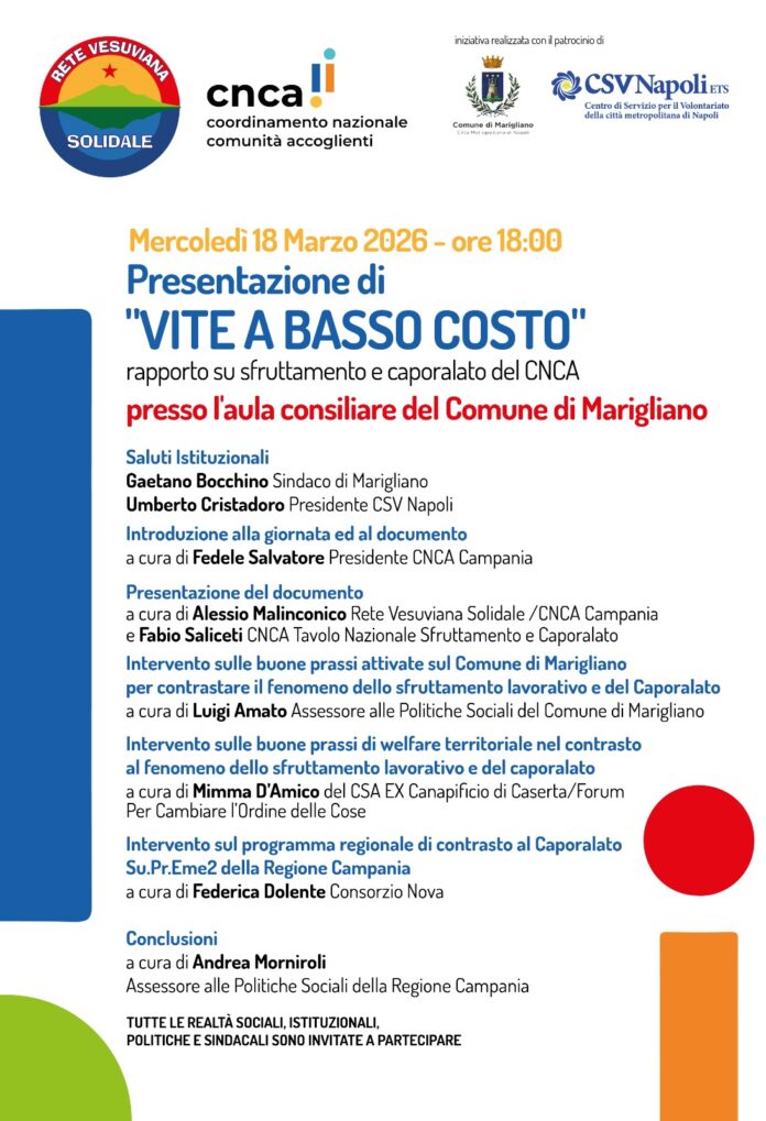 Marigliano, presentazione del report “Vite a basso costo” su caporalato e sfruttamento lavorativo Marigliano, presentazione del report “Vite a basso costo” su caporalato e sfruttamento lavorativo