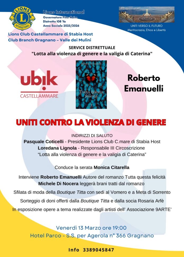 Gragnano, evento dei Lions contro la violenza di genere: incontro con lo scrittore Roberto Emanuelli
