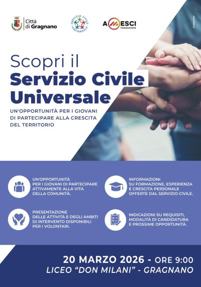Servizio Civile Universale a Gragnano: incontro informativo per i giovani sulle opportunità disponibili Servizio Civile Universale a Gragnano: incontro informativo per i giovani sulle opportunità disponibili